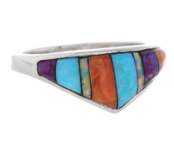 Southwest Sterling Silver Multicolor Inlay Ring Size 6-3/4 UX36482